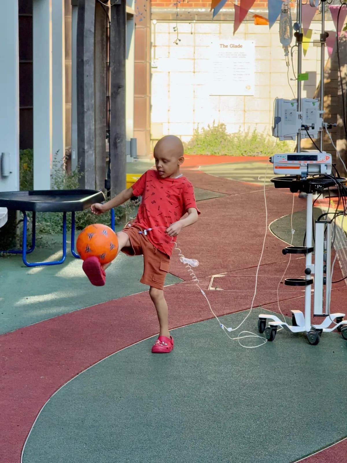 Two chemo pumps connected, but nothing stops Aleks practising his skills