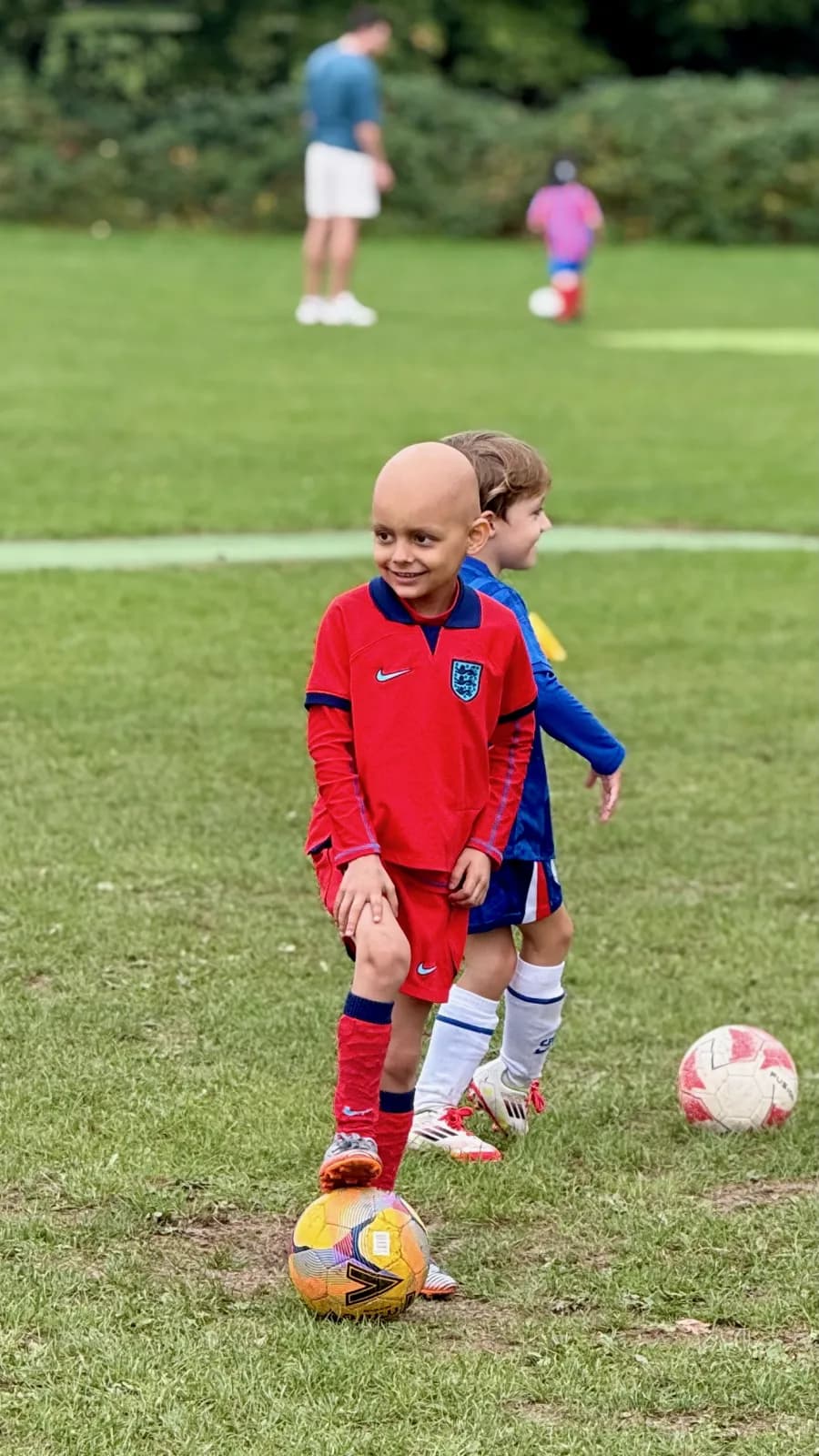 Aleks back on the pitch — football brings out his biggest smile