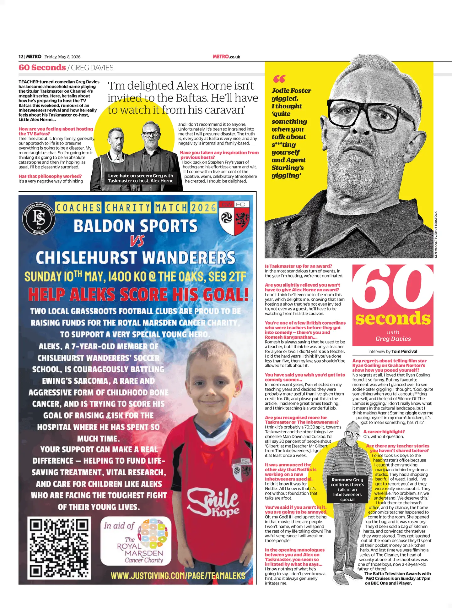 Page 12 of Friday's Metro - Aleks in his Chislehurst Wanderers kit with the 'Smile of Hope' shirt, fronting a full feature for Sunday's charity match at The Oaks