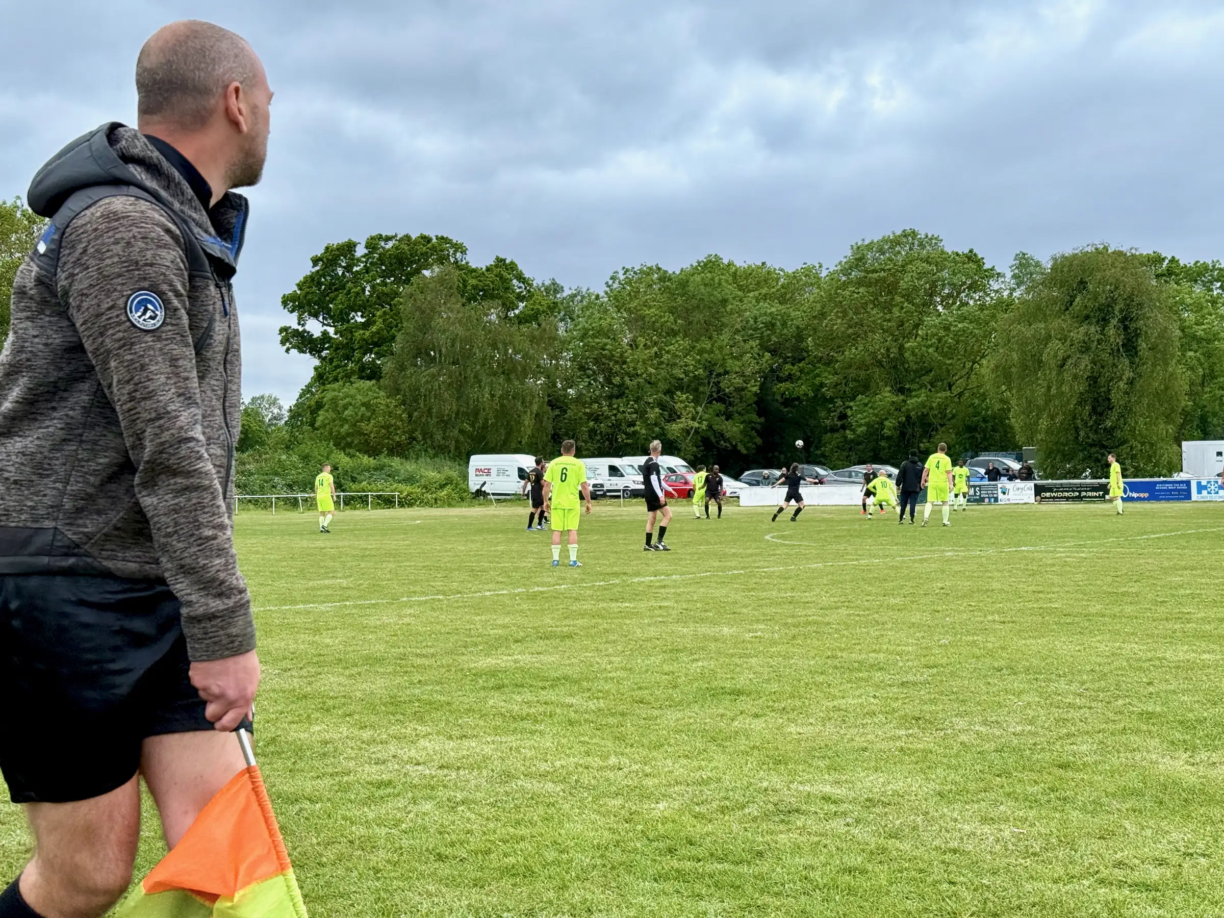 View from the touchline as the match flows down the far wing