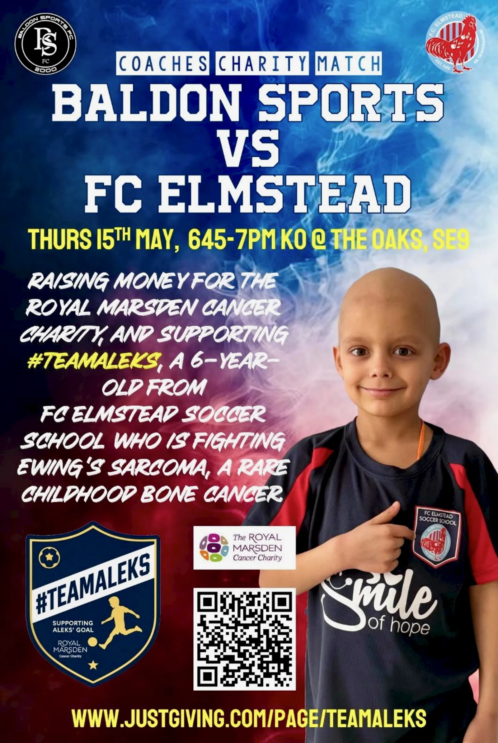 The event poster promoting the Coaches Charity Match in support of TeamAleks and The Royal Marsden