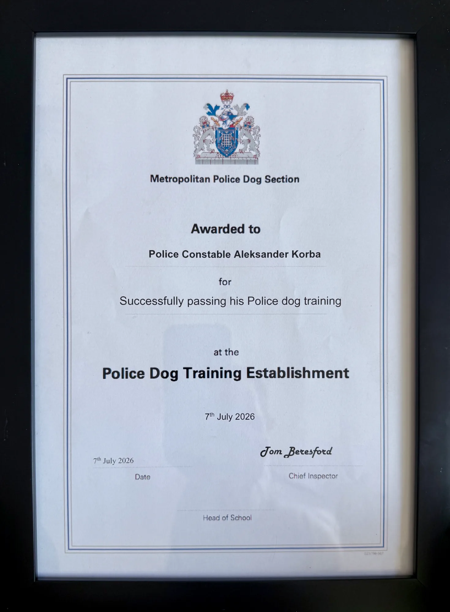The certificate in full: PC Aleksander Korba, for successfully passing his police-dog training, 7th July 2026.