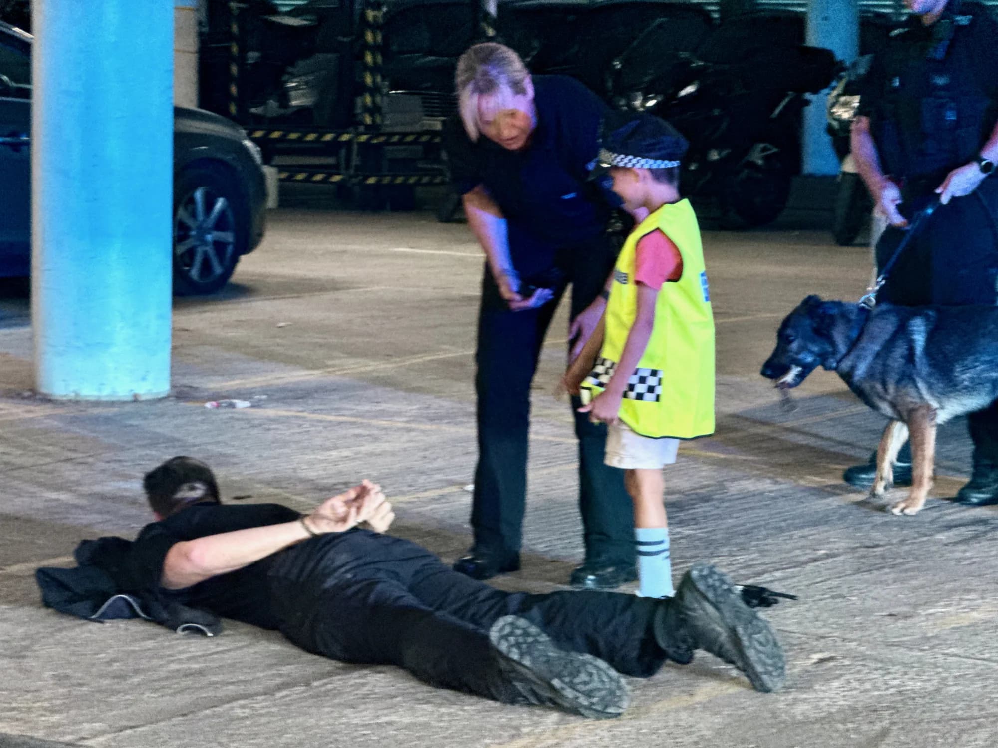 The callout: a suspect down and cuffed in the underground car park, with one of the section's German Shepherds keeping watch.