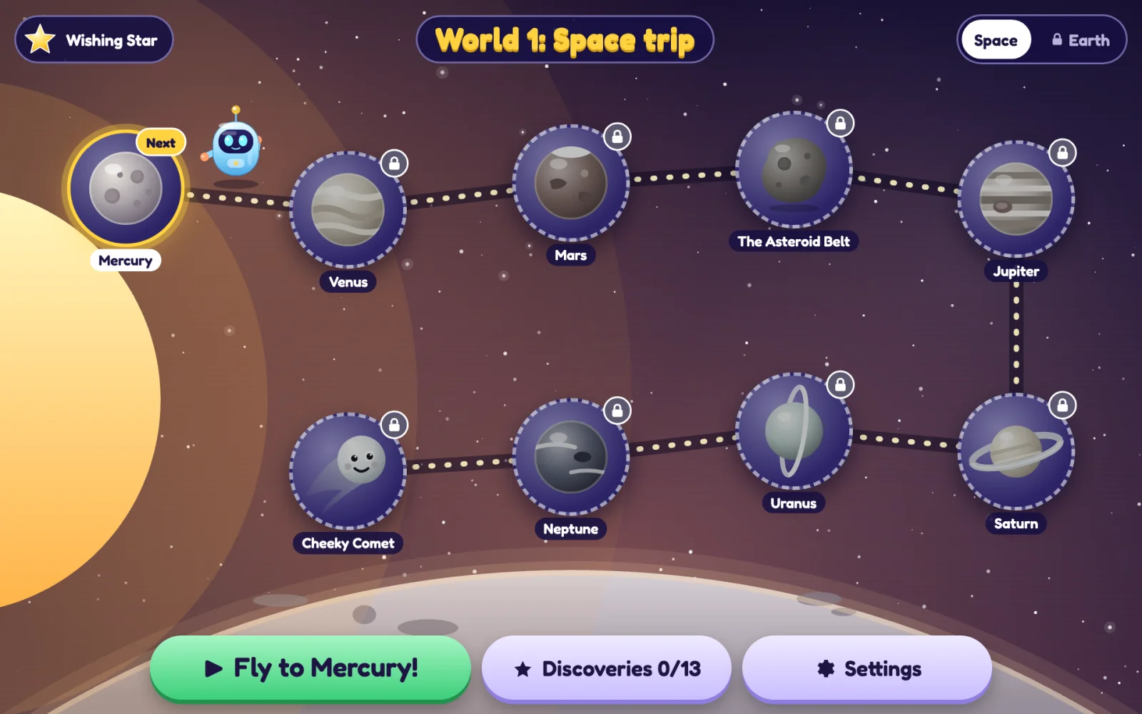 The Star Smash map of World 1, a trip from Mercury out past Neptune, with Nova the robot beside the first stage